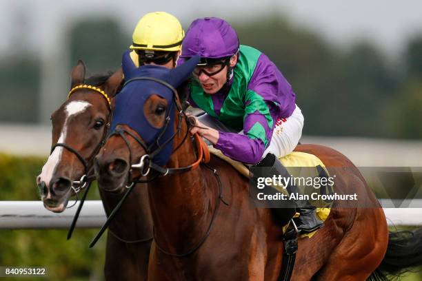 Jamie Spencer riding Euqranian win The 32Red Casino Maiden Filliesâ Stakes at Kempton Park racecourse on August 30, 2017 in Sunbury, England.