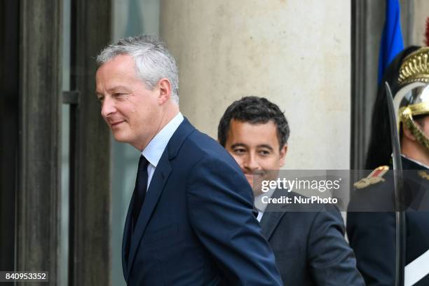 French Economy Minister Bruno Le Maire French Minister of Public Action and Accounts Gerald Darmanin ) arrive for a cabinet meeting at the Elysee...