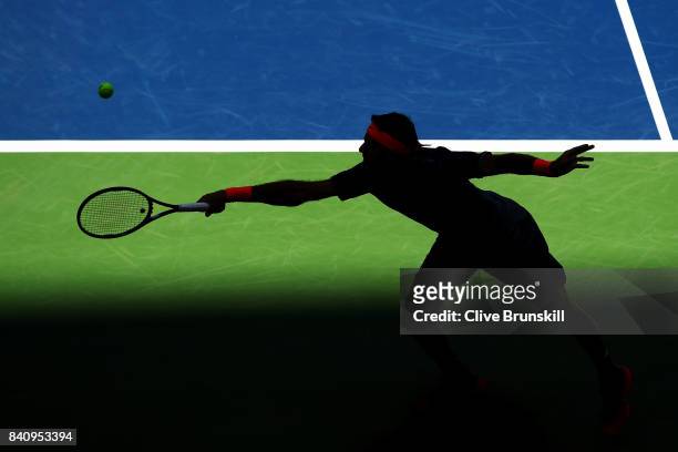 Juan Martin del Potro of Argentina returns a shot to Henri Laaksonen of Switzerland during their first round Men's Singles match on Day Three of the...