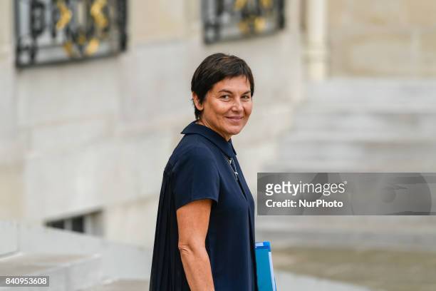 French Overseas Minister Annick Girardin leaves the Elysee Palace in Paris on August 30 after a government meeting.