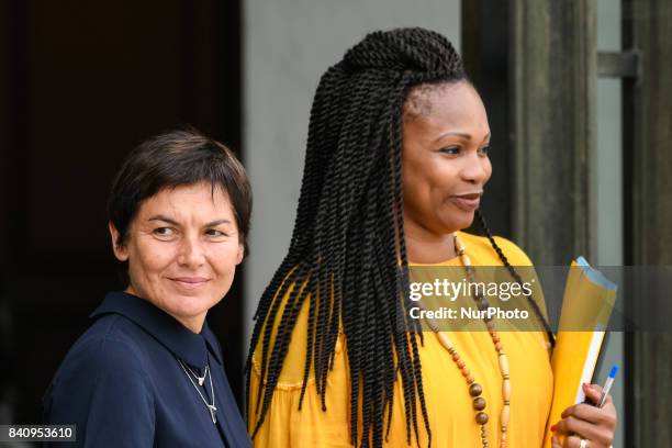 French Overseas Minister Annick Girardin and French Minister of Sport Laura Flessel are seen outside the Elysee Palace in Paris on August 30 after a...