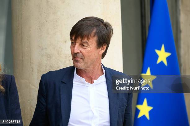 French Minister for the Ecological and Inclusive Transition Nicolas Hulot reacts as he leave the Elysee presidential palace after a cabinet meeting...