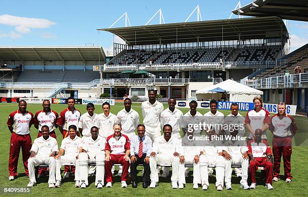The West Indies team pose for their team photo before day two of the Second Test match between New Zealand and the West Indies at McLean Park on...