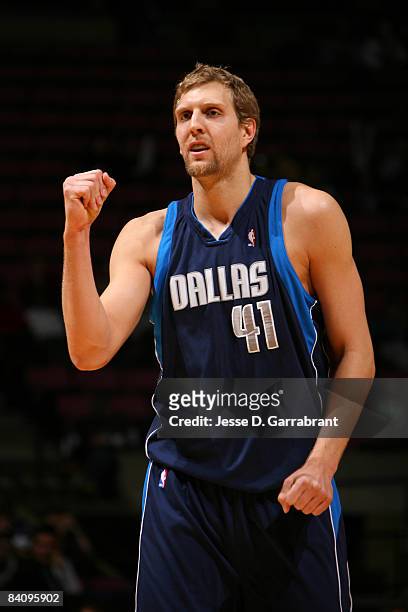 Dirk Nowitzki the Dallas Mavericks celebrates against the New Jersey Nets during the game on December 19, 2008 at the Izod Center in East Rutherford,...