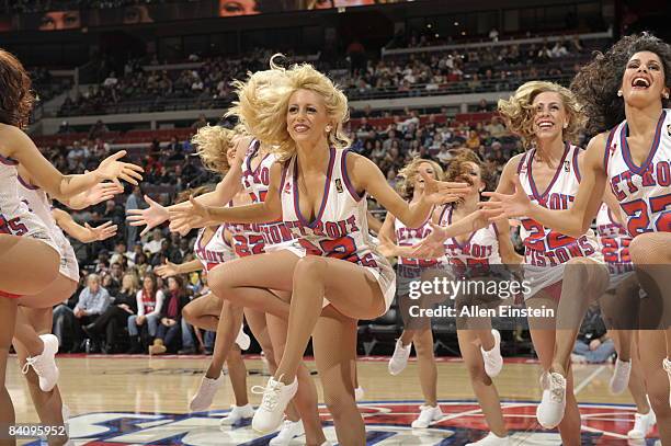 Dancers of the Automotion dance team for the Detroit Pistons preform during a timeout in a game against the Utah Jazz in a game at the Palace of...