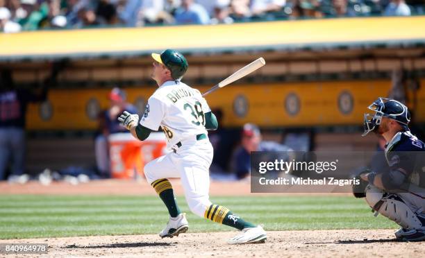 Jaycob Brugman of the Oakland Athletics hits a home run during the game against the Minnesota Twins at the Oakland Alameda Coliseum on July 30, 2017...