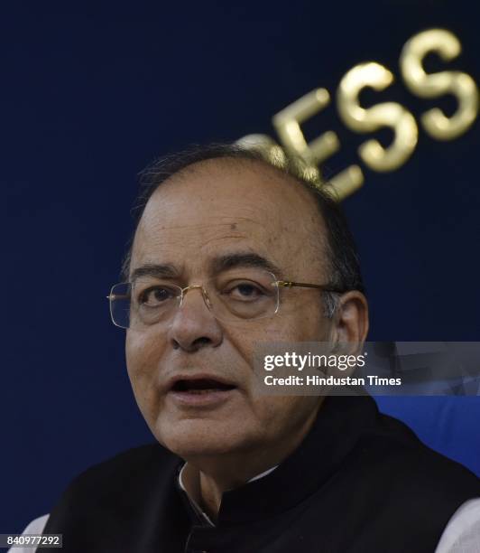 Finance Minister Arun Jaitley briefs the media after cabinet meeting on August 30, 2017 in New Delhi, India. Finance Minister Arun Jaitley said that...