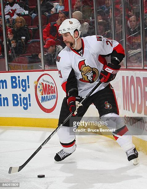 Jason Smith of the Ottawa Senators skates against the New Jersey Devils on December 19, 2008 at the Prudential Center in Newark, New Jersey.