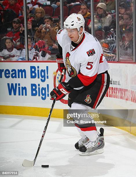 Christoph Schubert of the Ottawa Senators skates against the New Jersey Devils on December 19, 2008 at the Prudential Center in Newark, New Jersey.