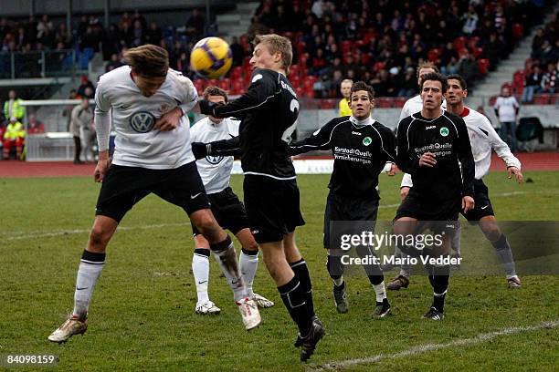 Eugen Mueller of Fuerth jumps for the ball during the regional league match between KSV Hessen Kassel and SpVgg Greuther Fuerth at the Aue Stadium on...