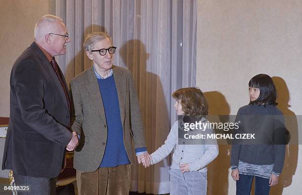 Second President of the Czech Republic Vaclav Klaus welcomes the US Movie director and actor Woody Allen and his daughters Manzie and Bachet Allen on...