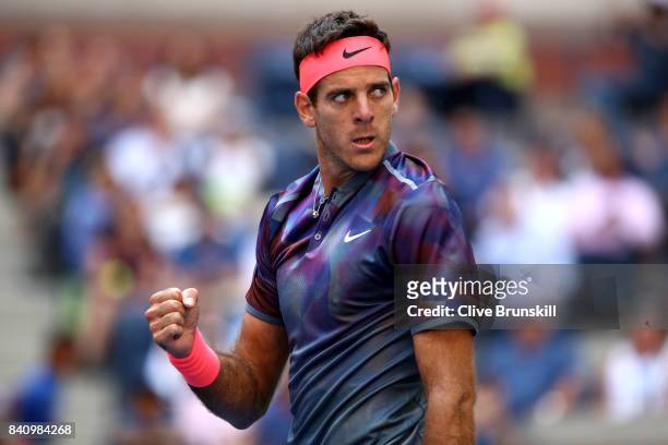 Juan Martin del Potro of Argentina reacts against Henri Laaksonen of Switzerland during their first round Men's Singles match on Day Three of the...