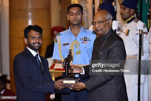 President Ram Nath Kovind presents Tenzing Norgay National Adventure Award 2017 to More Rohan Dattatreyat the National Sports at a function at...