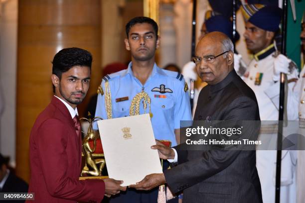 President Ram Nath Kovind presents the Arjuna Award, 2017 to Varun Singh Bhati for Para-Athletics in a glittering ceremony at Rashtrapati Bhavan on...