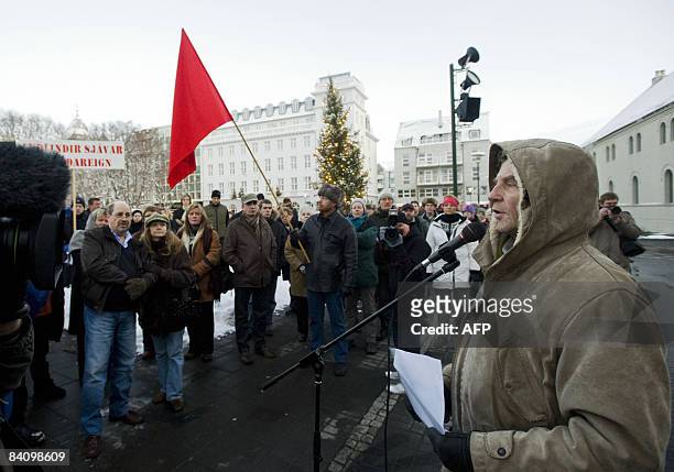 Hordur Torfason, leader of the protest movement, gives a speech during a weekly demonstration to protest against the economical situation in front of...