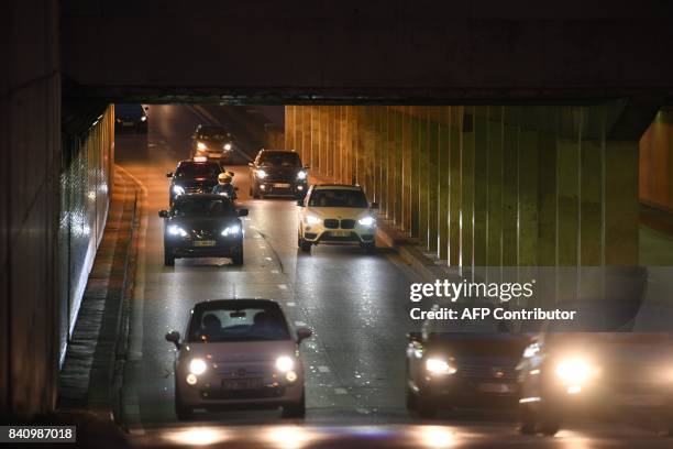 Cars drive through the Alma tunnel bridge under the Alma bridge in Paris, on August 30 on the 20th anniversary of the death of Diana, Princess of...