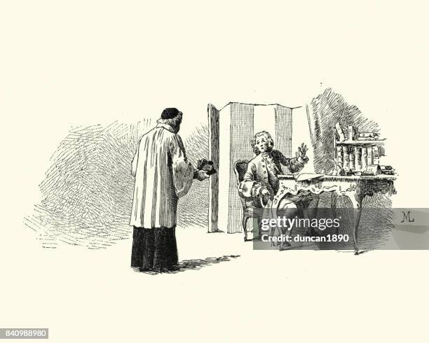 manon lescaut - priest surpising a man at his desk - priests talking stock illustrations