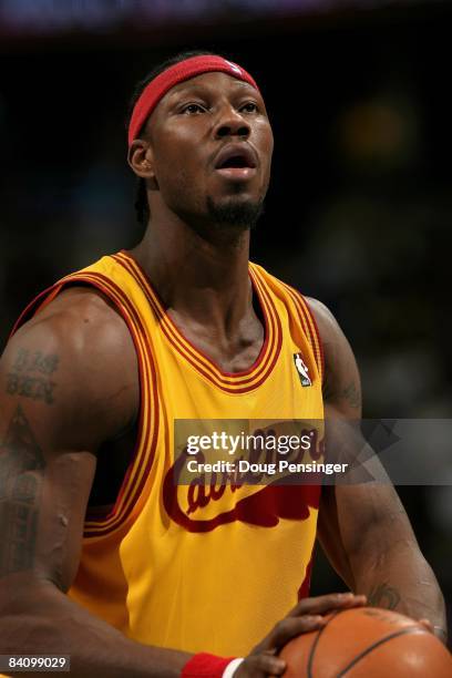 Ben Wallace of the Cleveland Cavaliers takes a free throw against the Denver Nuggets at the Pepsi Center on December 19, 2008 in Denver, Colorado.The...