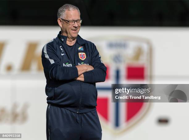 Lars Lagerback of Norway during the FIFA 2018 World Cup Qualifier training between Norway and Azerbaijan at Bislett Stadion on August 30, 2017 in...