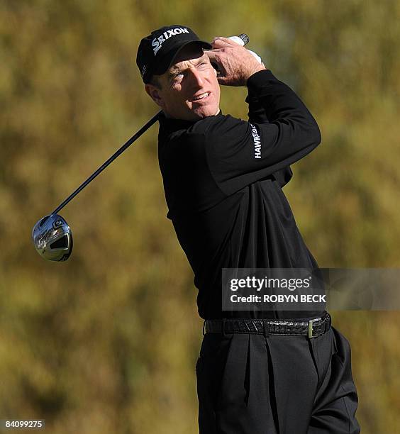 Jim Furyk of the US drives from the fifth tee, in the third round of the Chevron World Challenge, at the Sherwood Country Cub in Thousand Oaks,...