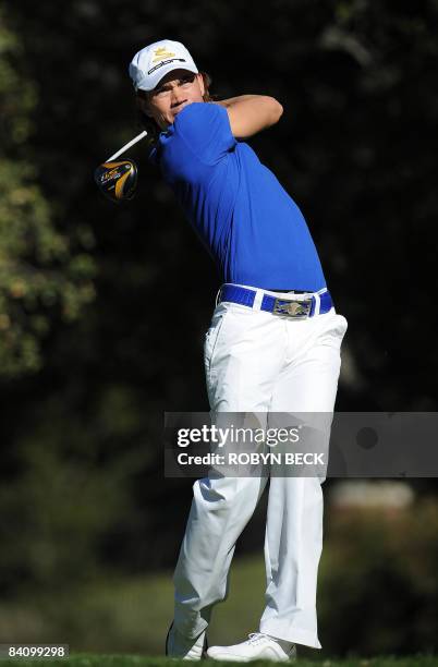 Camilo Villegas of Colombia hits on the sixth tee, in the third round of the Chevron World Challenge, at the Sherwood Country Cub in Thousand Oaks,...