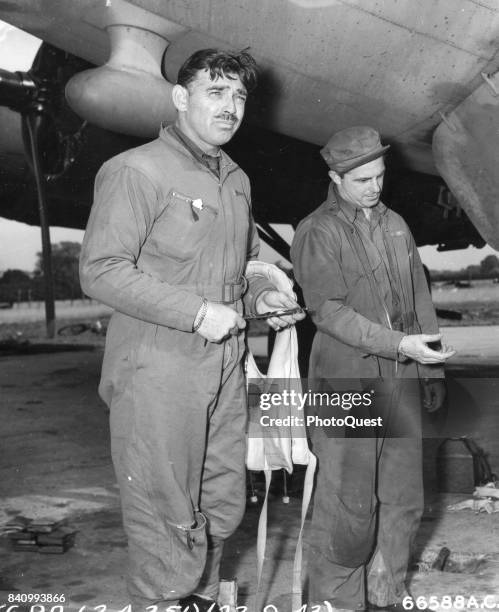 American actor and US Army Air Corps gunner Capt Clark Gable with the 351st Bomb Group, England, September 23, 1943. Gable flew five missions over...