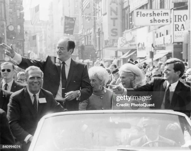Democratic candidate for President US Vice President Hubert Humphrey campaigns with Massachusetts Senator Edward Kennedy , Boston, Massachusetts,...