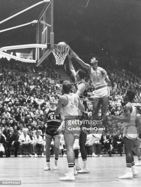 American varsity basketball player Lew Alcindor of UCLA during a game against University of Southern California, Los Angeles, California, 1967.