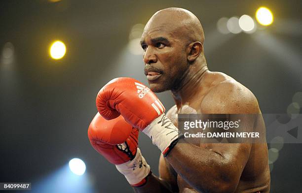 Evander Holyfield is pictured during his fight against Russia's Nikolai Valuev for the WBA heavyweight title on December 20, 2008 at Hallenstadion in...