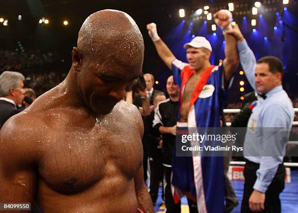 Evander Holyfield of the U.S.A. Looks dejected after his defeat against Nikolai Valuev of Russia at the WBA World Championship fight at the...