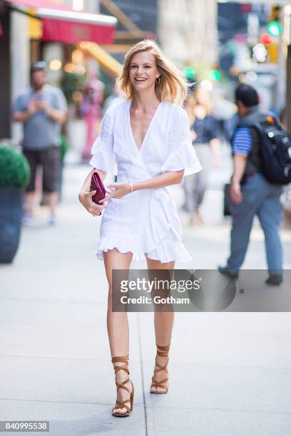 Model Nadine Leopold is seen going to fittings for the 2017 Victoria's Secret Fashion Show in Midtown on August 30, 2017 in New York City.