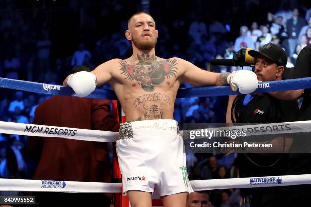 Conor McGregor stands in his corner during his super welterweight boxing match against Floyd Mayweather Jr. On August 26, 2017 at T-Mobile Arena in...