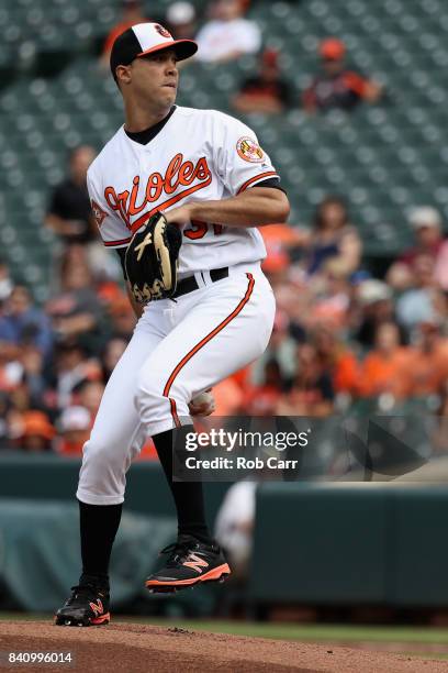 Ubaldo Jimenez of the Baltimore Orioles throws to a Seattle Mariners batter in the first inning at Oriole Park at Camden Yards on August 30, 2017 in...