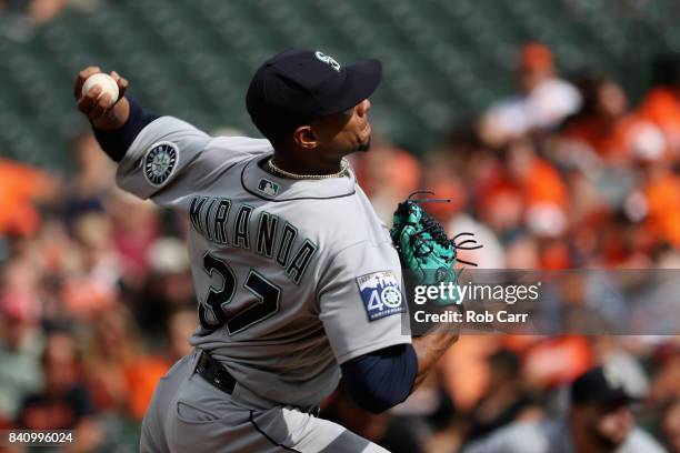 Starting pitcher Ariel Miranda of the Seattle Mariners throws to a Baltimore Orioles batter in the second inning at Oriole Park at Camden Yards on...