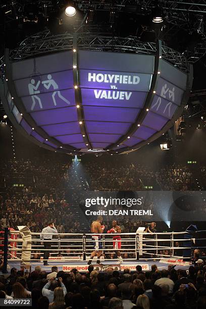 Evander Holyfield fights against Russia's Nikolai Valuev for the WBA heavyweight title on December 20, 2008 at Hallenstadion in Zurich. Valuev...