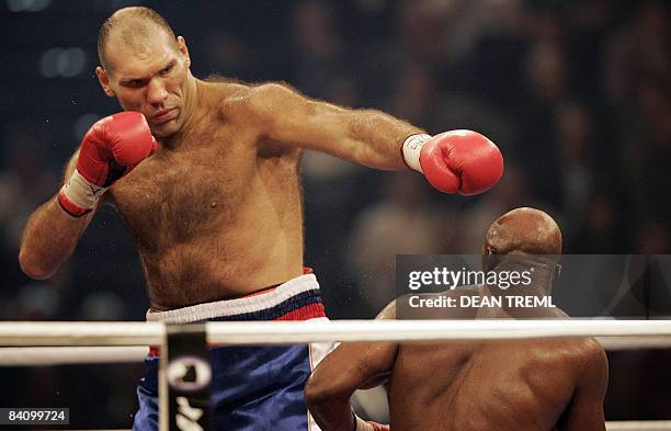 Russia's Nikolai Valuev fights against US Evander Holyfield for the WBA heavyweight title on December 20, 2008 at Hallenstadion in Zurich. Valuev...