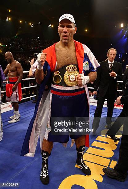 Nikolai Valuev of Russia poses for a photo after winning against Evander Holyfield of the U.S.A. At the WBA World Championship fight at the...