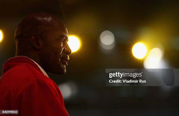 Evander Holyfield of the U.S.A. Looks on prior to his fight against Nikolai Valuev of Russia for the WBA World Championship at the Hallenstadion on...