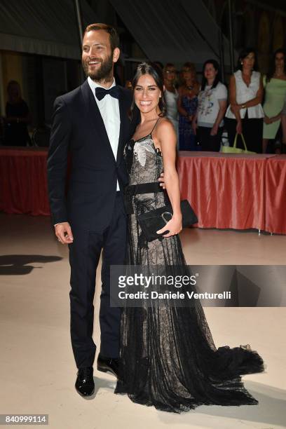 Festival host Alessandro Borghi and Roberta Pitrone arrive at the dinner after the Opening Ceremony during the 74th Venice Film Festival at Excelsior...