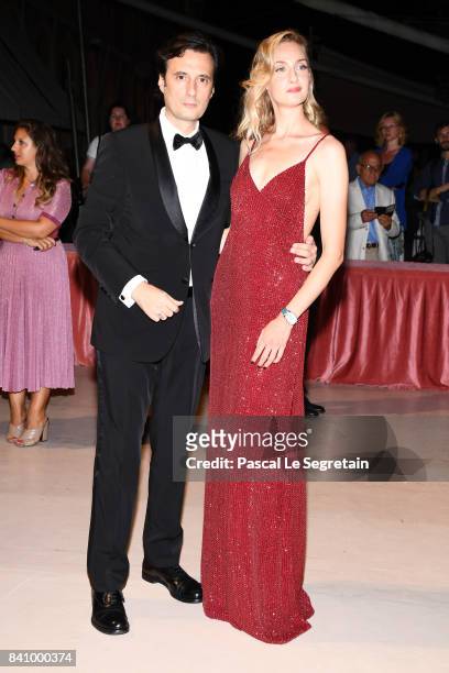 Matteo Ceccarini and Eva Riccobono arrive at the dinner after the Opening Ceremony during the 74th Venice Film Festival at Excelsior Hotel on August...