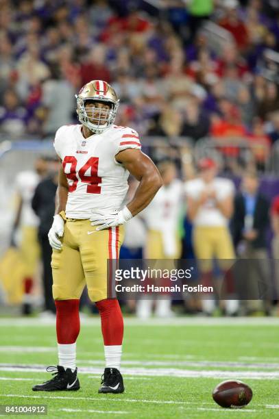 Solomon Thomas of the San Francisco 49ers looks on in the preseason game against the Minnesota Vikings on August 27, 2017 at U.S. Bank Stadium in...