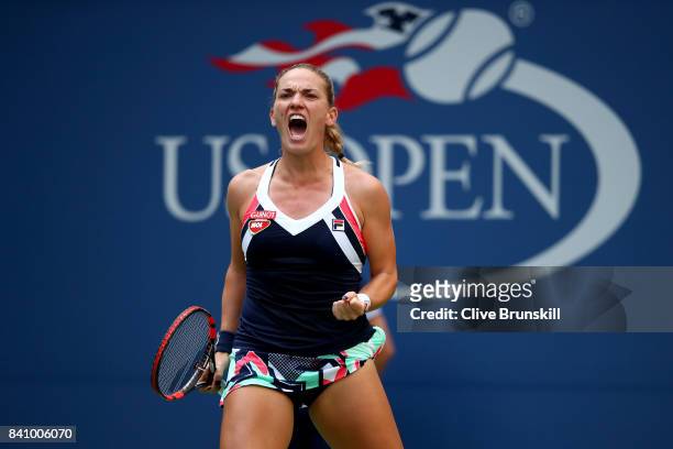 Timea Babos of Hungary reacts against Maria Sharapova of Russia during their second round Women's Singles match on Day Three of the 2017 US Open at...