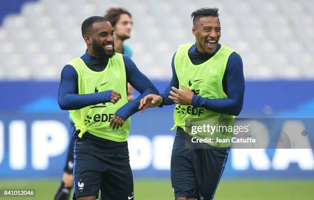 Alexandre Lacazette and Corentin Tolisso of France during France training session on the eve of the FIFA 2018 World Cup Qualifier between France and...