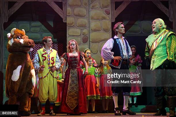 The cast performs during the traditional pantomime Jack and the Beanstalk on stage at the Theatre Royal Bath on December 20 2008 in Bath, England....