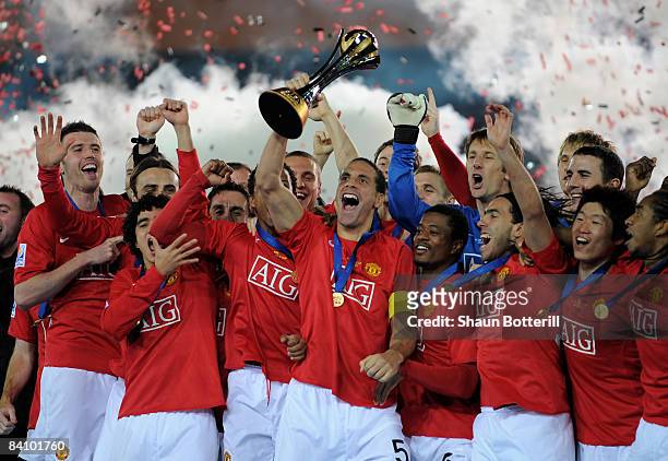 Rio Ferdinand of Manchester United lifts the FIFA Club World Cup Trophy after the FIFA Club World Cup Japan 2008 Final match between Manchester...