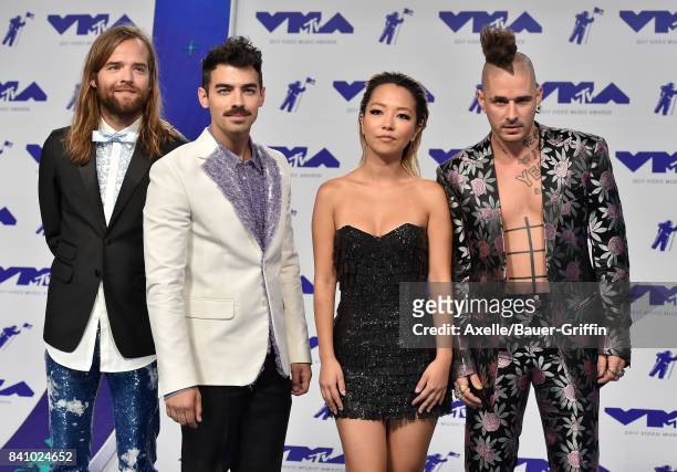 Jack Lawless, Joe Jonas, JinJoo Lee and Cole Whittle of DNCE arrive at the 2017 MTV Video Music Awards at The Forum on August 27, 2017 in Inglewood,...