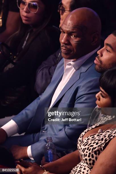 Former boxer Mike Tyson attends the super welterweight boxing match between Floyd Mayweather Jr. And Conor McGregor on August 26, 2017 at T-Mobile...