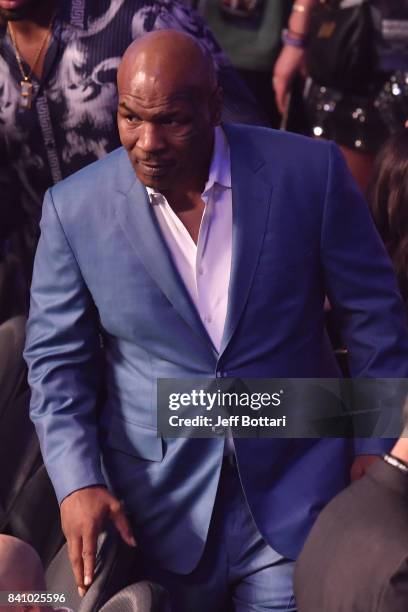 Former boxer Mike Tyson attends the super welterweight boxing match between Floyd Mayweather Jr. And Conor McGregor on August 26, 2017 at T-Mobile...