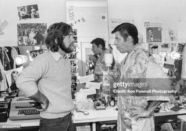 Comedian Jerry Lewis with photographer Ron Pownall in dressing room at the Colonial Theater, Boston MA January 22 during out-of-town tryout of the...