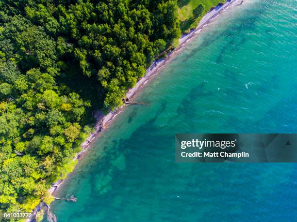 aerial of erosion along lake ontario shoreline - lake ontario stock-fotos und bilder